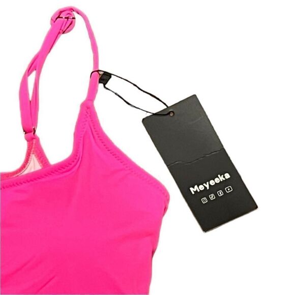 Meyeeka Front Cut Out Lace Up Back Hot Pink Swimsuit, Size L, NWT - Picture 4 of 10